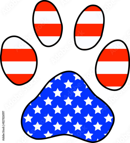 4th of July Puppy Paw Shape. Ameowrica, Americat Design. 4th of July Cat. Dog Paw Graphic in USA Flag Colour. American Flag Design for Independence Day. Animal Illustration. Memorial Day Star Banner. photo