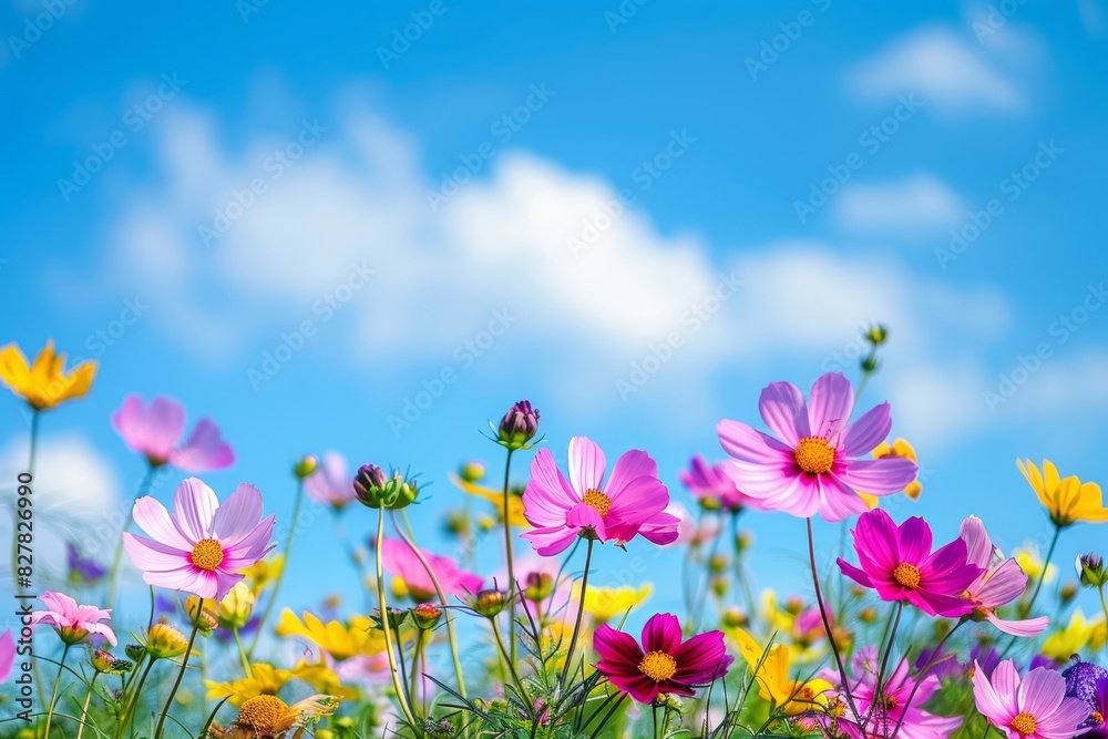 Colorful garden of wild flowers: Nature palette blurred background of sky and flowers Colorful garden of wild flowers: Nature palette blurred background of sky and flowers