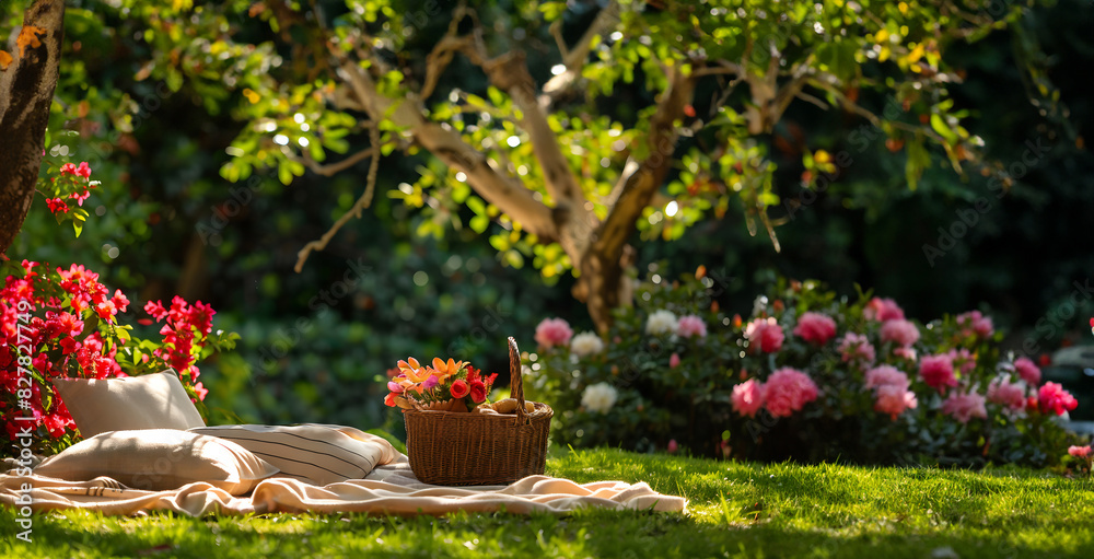 Blanket and flower basket in garden. Generative by AI Blanket and flower basket in garden. Generative by AI