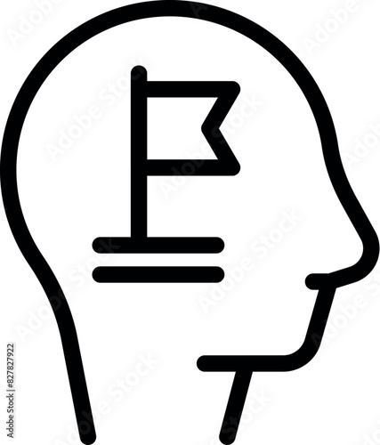 Black line icon of a human head silhouette with a flag symbol representing the concept of nation or belonging inside the brain area