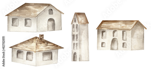 Tableau sur toile Watercolor village old houses illustration set.