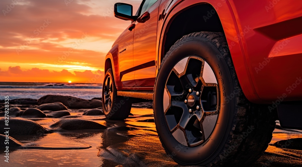 A red SUV was parked on the beach with a sunset background.
A red SUV was parked on the beach with a sunset background.