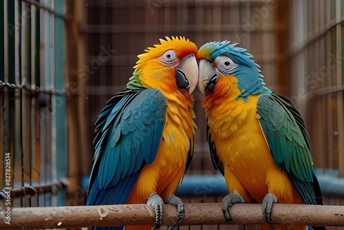 This is amaze pic. A talkative parrot couple in the cage have eye contact each other.
