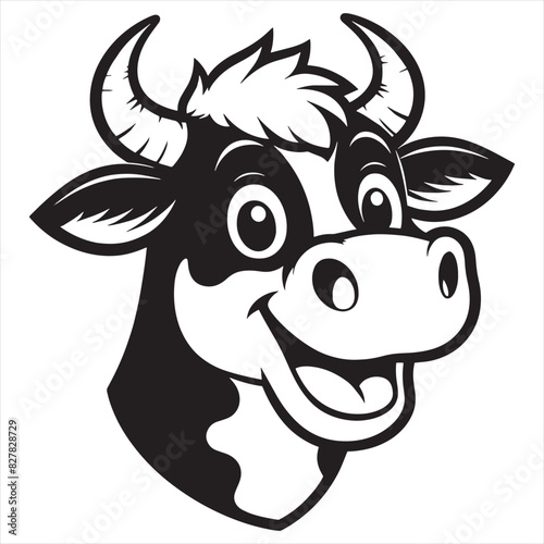 Cow face happy logo and white background vector illustration. Cute cow hand drawn flat stylish cartoon sticker icon concept isolated illustration.