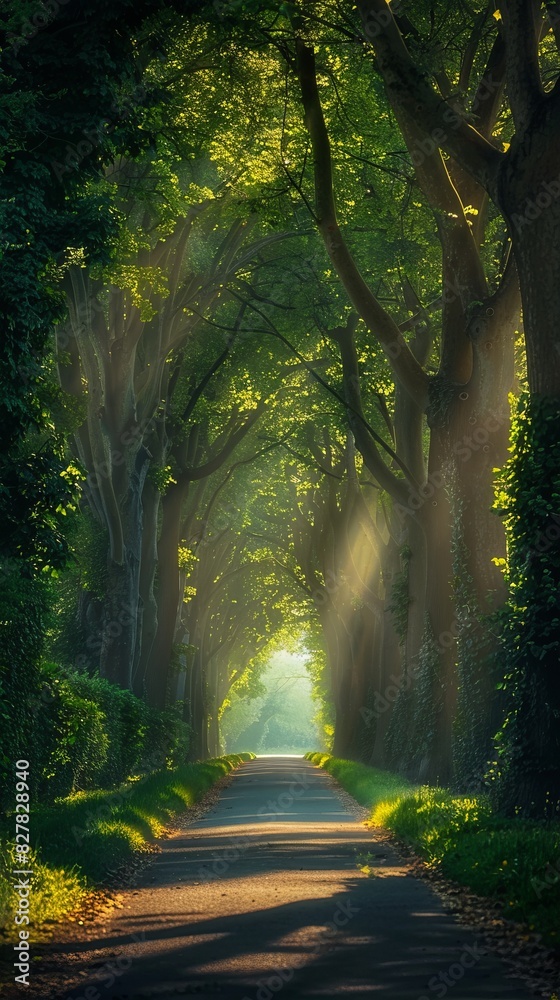 Obraz premium A road in a park, with tall trees on either side, dark green leaves, sunlight shining down from above