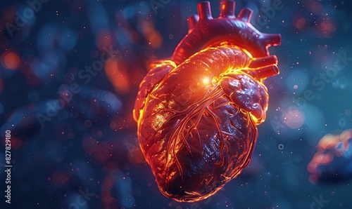 Glowing human heart on blue background