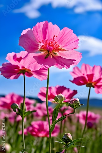 closeup pink pion flowers in the field on a blue sky background