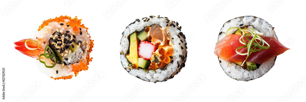 set of sushi rolls, including California roll and spicy tuna, isolated on transparent background set of sushi rolls, including California roll and spicy tuna, isolated on transparent background