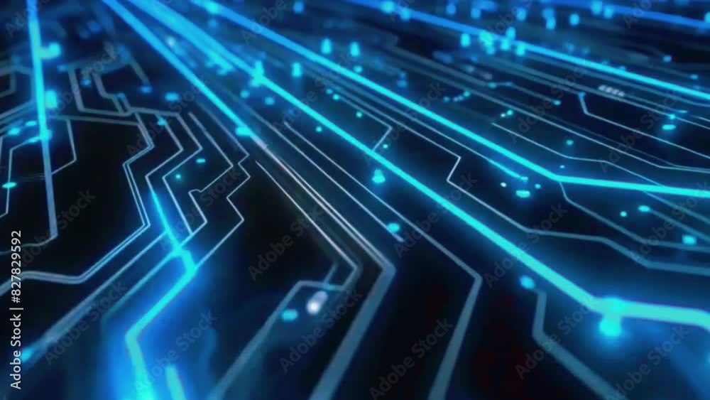A close-up of an animated circuit board where neon blue lines and points light up and travel along pathways, 4K black background High-Quality Animation Video A close-up of an animated circuit board where neon blue lines and points light up and travel along pathways, 4K black background High-Quality Animation Video