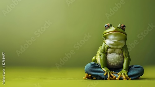 A frog in a casual tshirt and jeans, sitting on a solid green background with copy space
