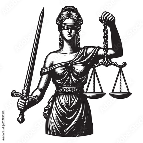  ancient Greek blind goddess Themis, personifying justice and fair trial.  Vintage retro engraving illustration. Black icon, logo, label. isolated element.