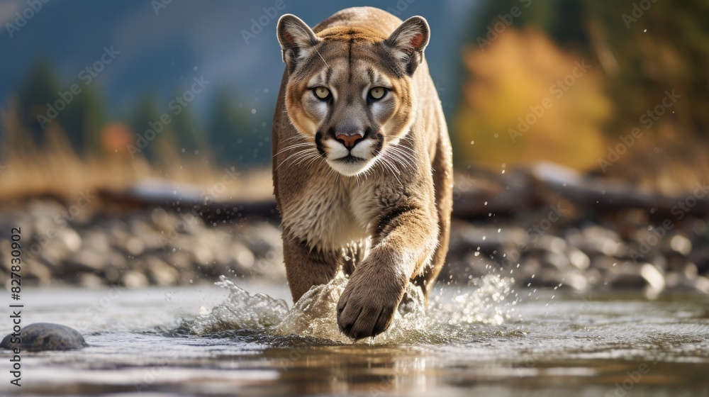 Majestic Cougar Approaching Through A Shallow Stream In A Forested Landscape. Generative AI