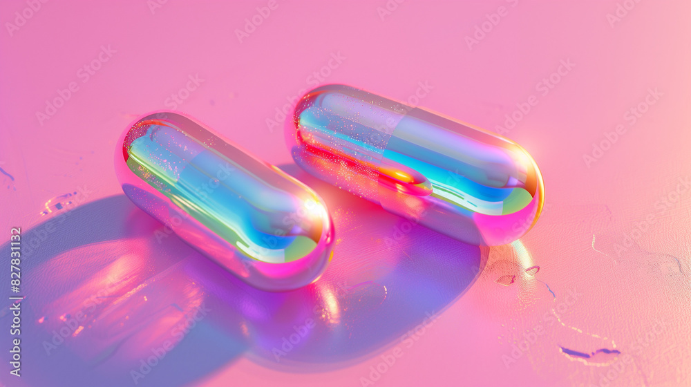 Two iridescent pills on pink background, magic pill concept Two iridescent pills on pink background, magic pill concept
