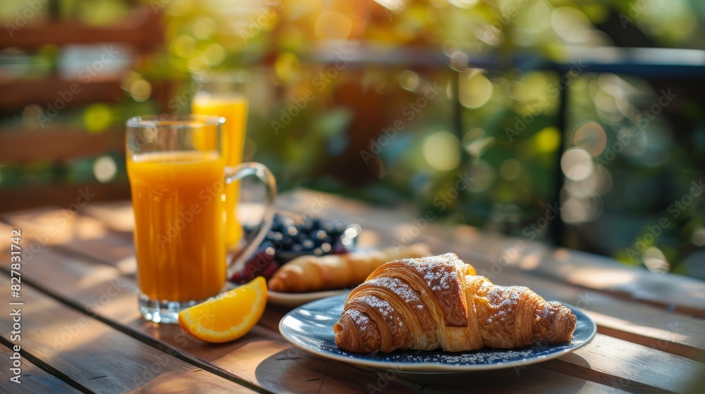 French breakfast: coffee, croissant, jam and juice against the backdrop of a fuzzy kitchen