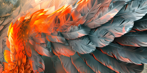   A close up of a bunch of orange and gray bird feathers Texture Pattern Background,  feathered design in vibrant shades ,The beautiful wing feathers of Argus Phesant
 photo