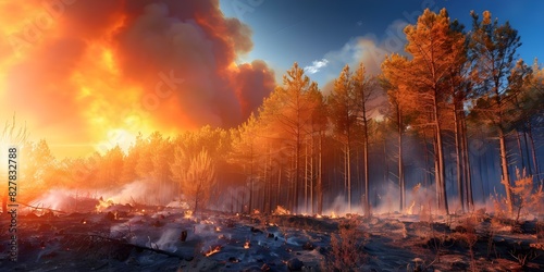 Impact of Global Wildfires on Pine Forests During Dry Season. Concept Wildfire Ecology, Climate Change, Pine Forest Conservation, Forest Management