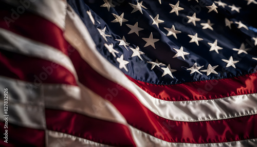 The waving flag of the United States of America with close up camera