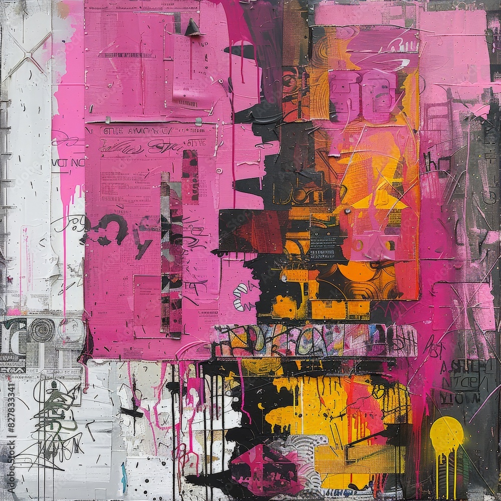Fototapeta premium Abstract Painting Featuring Pink, Yellow, and Black Hues