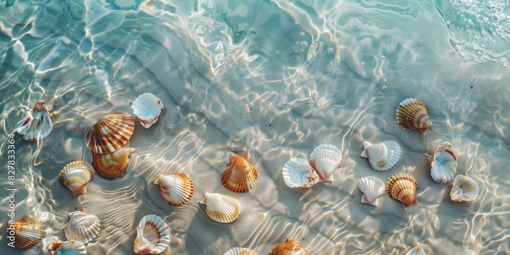 Nature background. Light blue background with white sea foam and seashells, ideal for beach and ocean themes. Nature background. Light blue background with white sea foam and seashells, ideal for beach and ocean themes.