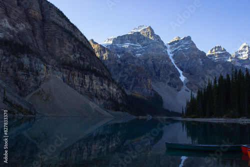 Valley of Ten Peaks near Moraine Lake on a sunny autumn day with snow on the mountain. photo