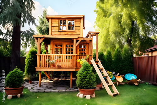 wooden two-story house for children in a cozy courtyard. Rustic tree house with balcony and stairs.