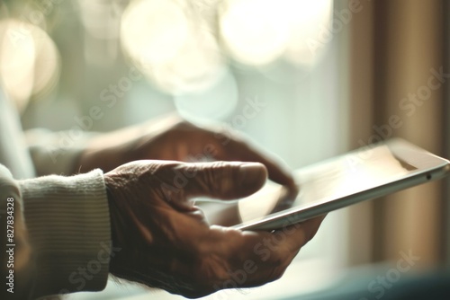 Senior using a tablet for technology and communication, close-up on hands and screen with natural light background