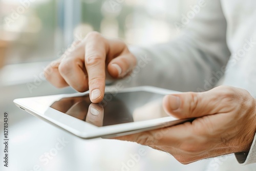 Closeup of hand using digital tablet touchscreen for business or education in modern technology environment