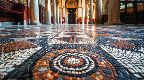preserved mosaics from the largest preserved early Christian temple in Bulgaria, the Episcopal (Great) Basilica, dating back to the fourth century AD. magnificent architectural design. photo