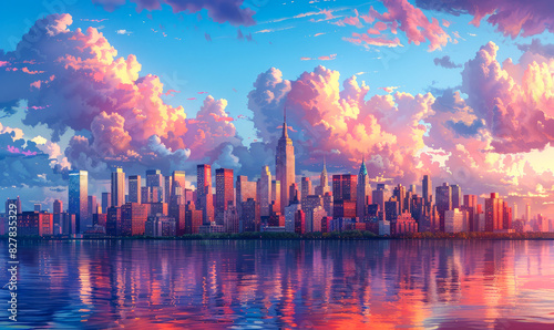 New York City Skyline with Empire State Building at Sunset, Reflecting on Water, Colorful Skyscrapers, Dramatic Clouds, Urban Landscape, Modern Architecture, Travel Destination, Vibrant Evening Mood