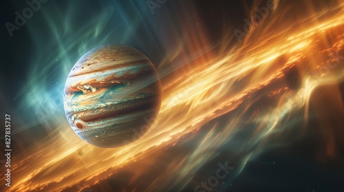 A holographic depiction of a gas giant planet with colorful bands and swirling storms. photo