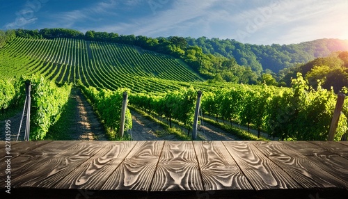 Rustic Wooden Table with Vineyard Backdrop photo