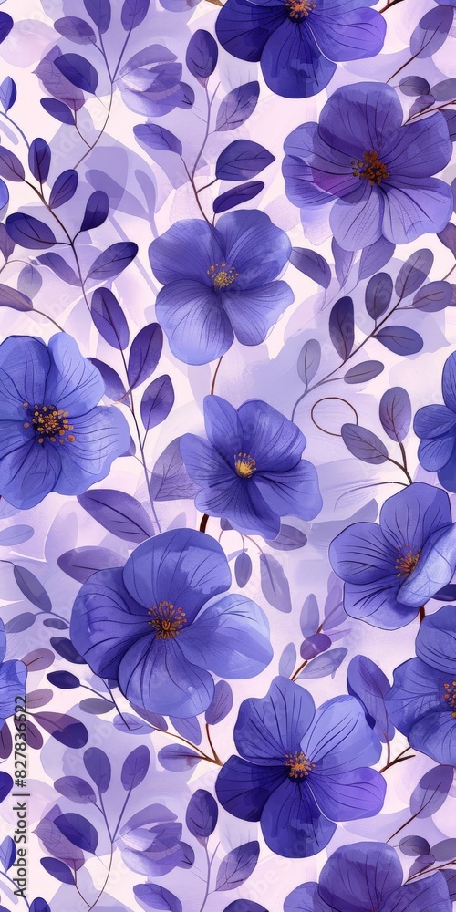 Blue Flowers and Leaves on a White Background