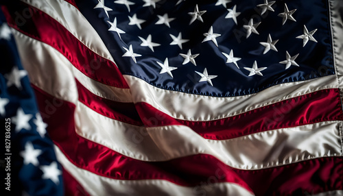 The waving flag of the United States of America with close up camera