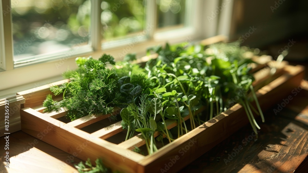 A wooden herb drying rack p on a sunny windowsill beautifully showcasing an array of dried herbs such as mint dill and chives. A wooden herb drying rack p on a sunny windowsill beautifully showcasing an array of dried herbs such as mint dill and chives.