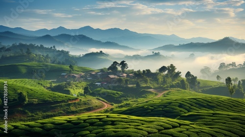 Picturesque Landscape Of Rolling Hills And Tea Plantations At Sunrise. Generative AI