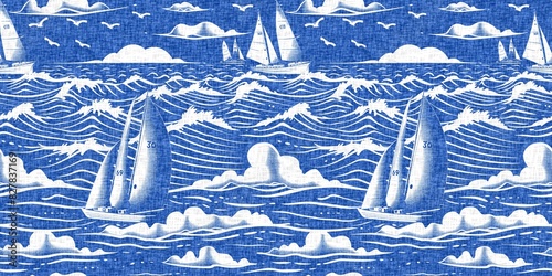 Coastal sail boat in azure ocean blue seamless border background. Modern sailing boat block print for decorative coast interior furnishing fabric for rustic linen beach cottage banner trend. 