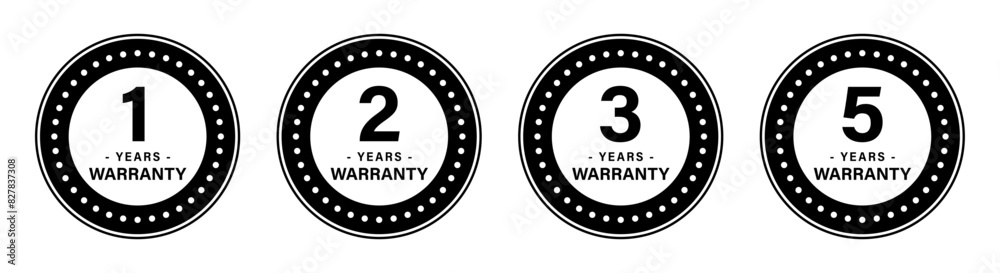 1, 2, 3, and 5-year warranty stamps in a circle for product quality assurance, in black and white. 1, 2, 3, and 5-year warranty label or seal flat icon in black and white. Vector Illustration. 1, 2, 3, and 5-year warranty stamps in a circle for product quality assurance, in black and white. 1, 2, 3, and 5-year warranty label or seal flat icon in black and white. Vector Illustration.