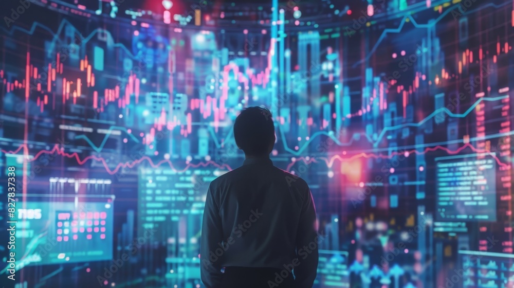 A trader gazes up at a massive holographic screen transfixed by the colorful charts and graphics representing the everchanging market trends. A trader gazes up at a massive holographic screen transfixed by the colorful charts and graphics representing the everchanging market trends.