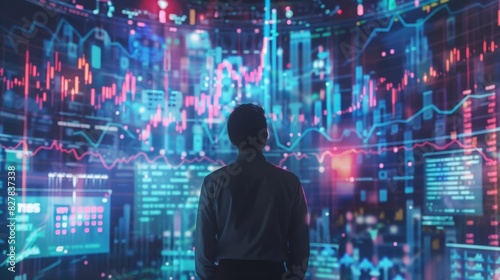 A trader gazes up at a massive holographic screen transfixed by the colorful charts and graphics representing the everchanging market trends.