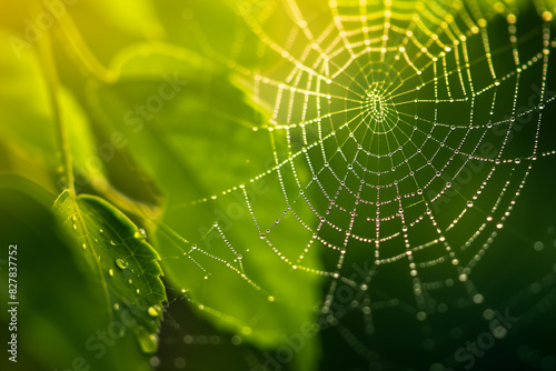 A close-up of dewdrops on the intricate web of a spider, set against a backdrop of vibrant green leaves.