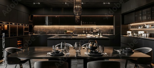 Contemporary black kitchen interior with seamless black cabinetry, hidden appliances, and a luxury dining table adorned with silverware