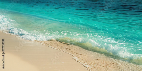 The ocean shimmers in hues of teal and turquoise  waves lapping gently on a pristine white sand beach