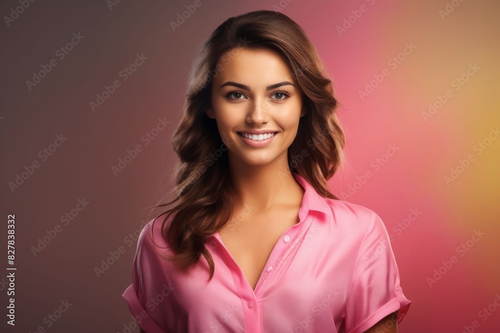 A beautiful woman in pink shirt smiling. A beautiful woman in pink shirt smiling.