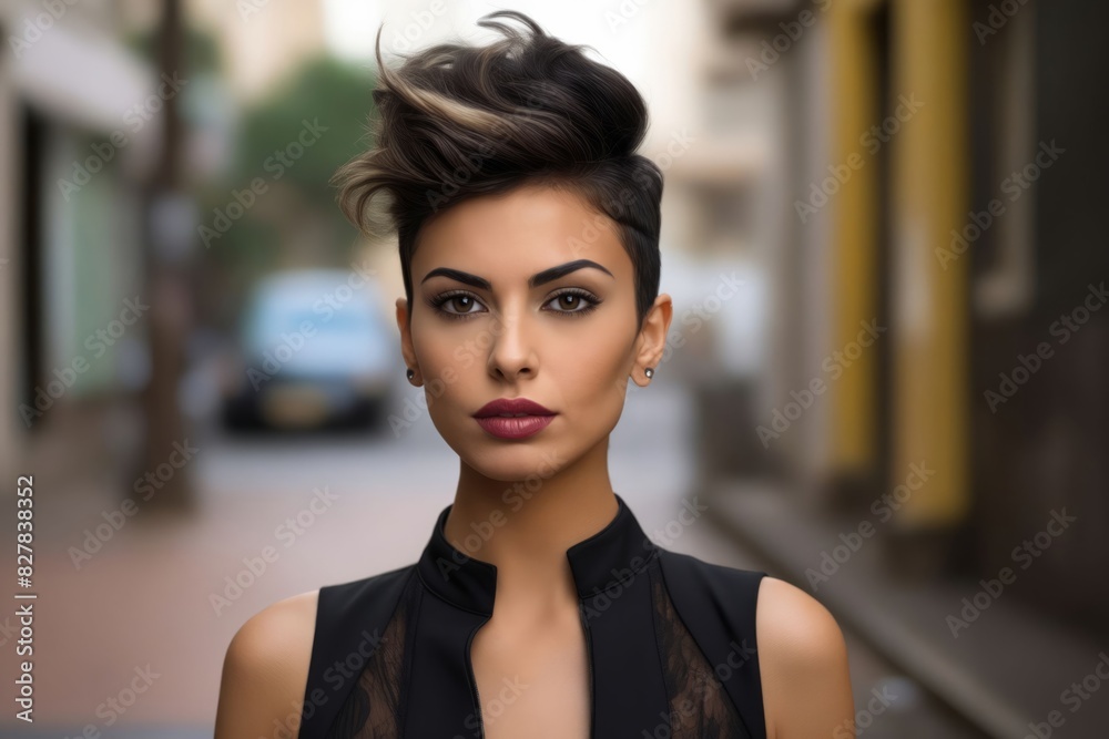 A woman with a short hairstyle standing in a city. A woman with a short hairstyle standing in a city.