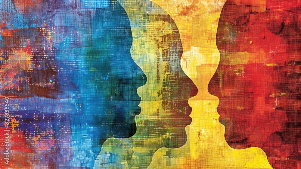 Painting depicting a group of peoples faces in a range of vibrant colors Painting depicting a group of peoples faces in a range of vibrant colors