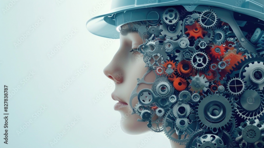 A womans head with interconnected gears forming a helmet, symbolizing the complexities of thought processes A womans head with interconnected gears forming a helmet, symbolizing the complexities of thought processes