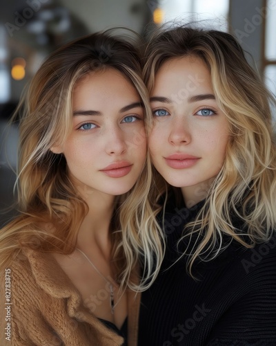 Two women with blue eyes posing for a photo.