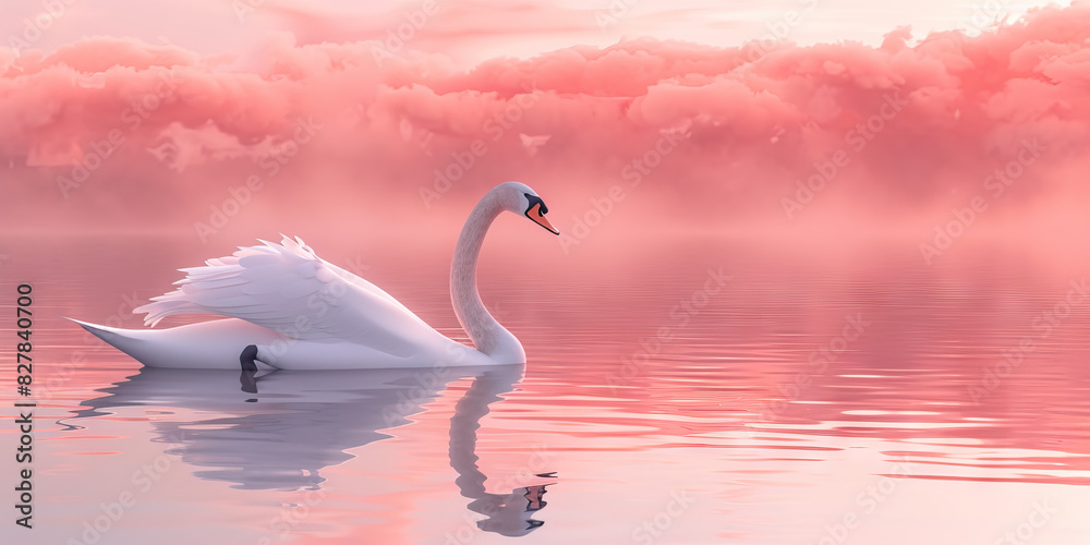 Fototapeta premium The Symphony of Sunset and Serenity: The pastel skies of dusk cast a soothing pink glow on a peaceful lake, mirroring the gentle ripples that surround a swan, gliding serenely across the surface