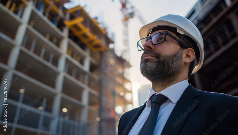 A portrait of an engineer in a suit with a white helmet and glasses at a construction site A portrait of an engineer in a suit with a white helmet and glasses at a construction site