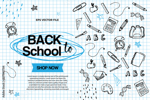 Back to school themed banner template in doodle style. Elements of stationery against the background of a piece of paper from a checkered notebook. To advertise school shopping